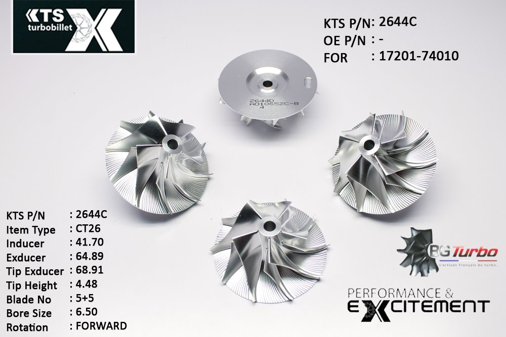 Turbo ROUE FORGÉE MFS PERFORMANCE - 5+5 PALES - INDUCER : 41,7 - EXDUCER : 64,89 - TYPE : CT26ANGLE : 85° - ROTATION : Forward - SUPER BACK : -1,37 - BORE SIZE : 6,5
